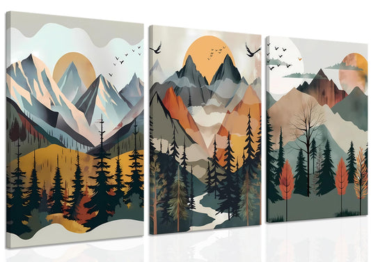 Mountain Canvas Wall Art Set of 3, Boho Sun Forest Abstract Nature Landscape Artwork Wall Decor, Watercolor Posters Prints Painting Picture Artwork for Living Room Bedroom Office 12 x16 In Framed