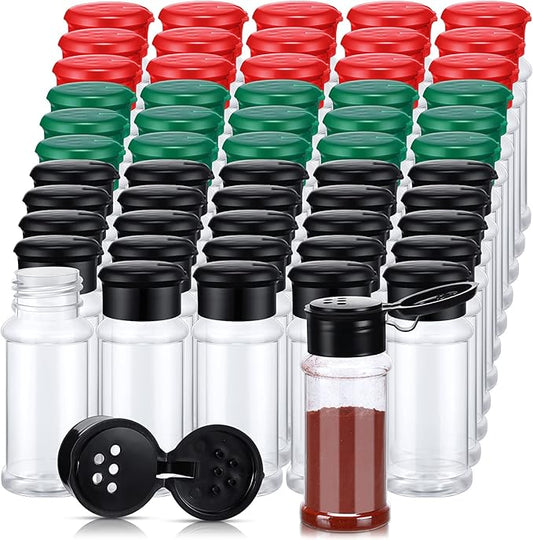 Amyhill 100 Pcs Plastic Spice Bottles Spice Jars Seasoning Jars Shaker Plastic Jars 3.3 Oz/ 100ml Seasoning Shaker with Shaker Lids(Green, Red, Black Lid)