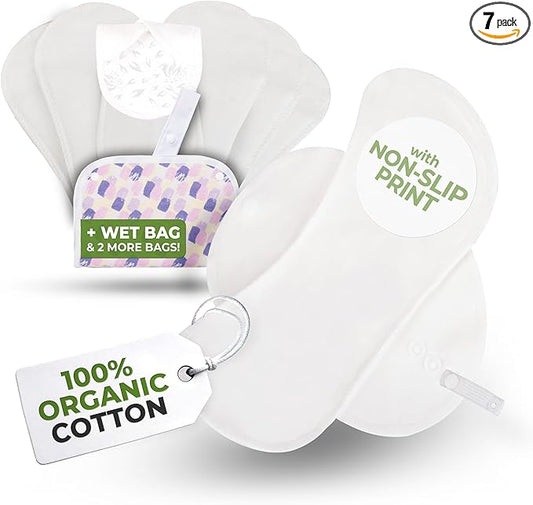 Non-Slip Organic Reusable Panty Liners for Women & Teens (Medium, 7-Pack); High-Temp Washable Cotton Cloth Liners; Stay Fresh & Dry, for Daily Vaginal Discharge Only; 100% Breathable (no PUL/TPU)