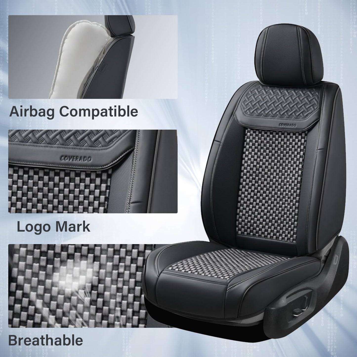 Coverado Front Car Seat Covers, Leather Seat Covers for Car, 2 in 1 Conversions Automotive Car Seat Cover Protector Universal Fit for Most Cars SUVs and Trucks(Black&Gray)