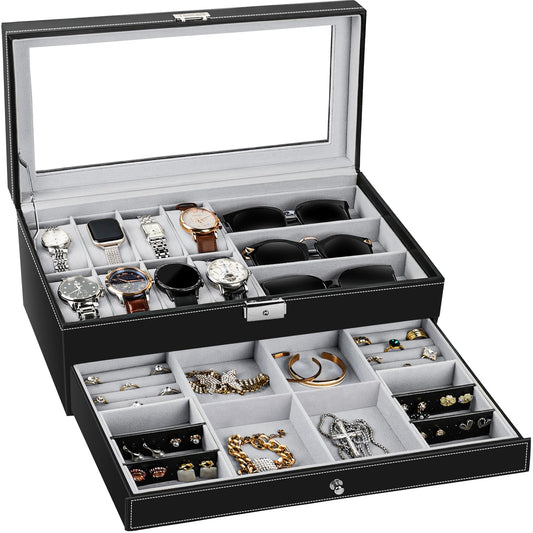 TomCare Watch Box Watch Case Jewelry Organizer Holder Jewelry Display Box Case Sunglasses Storage Organizer Lockable with Glass Top and PU Leather for Men Women, Black