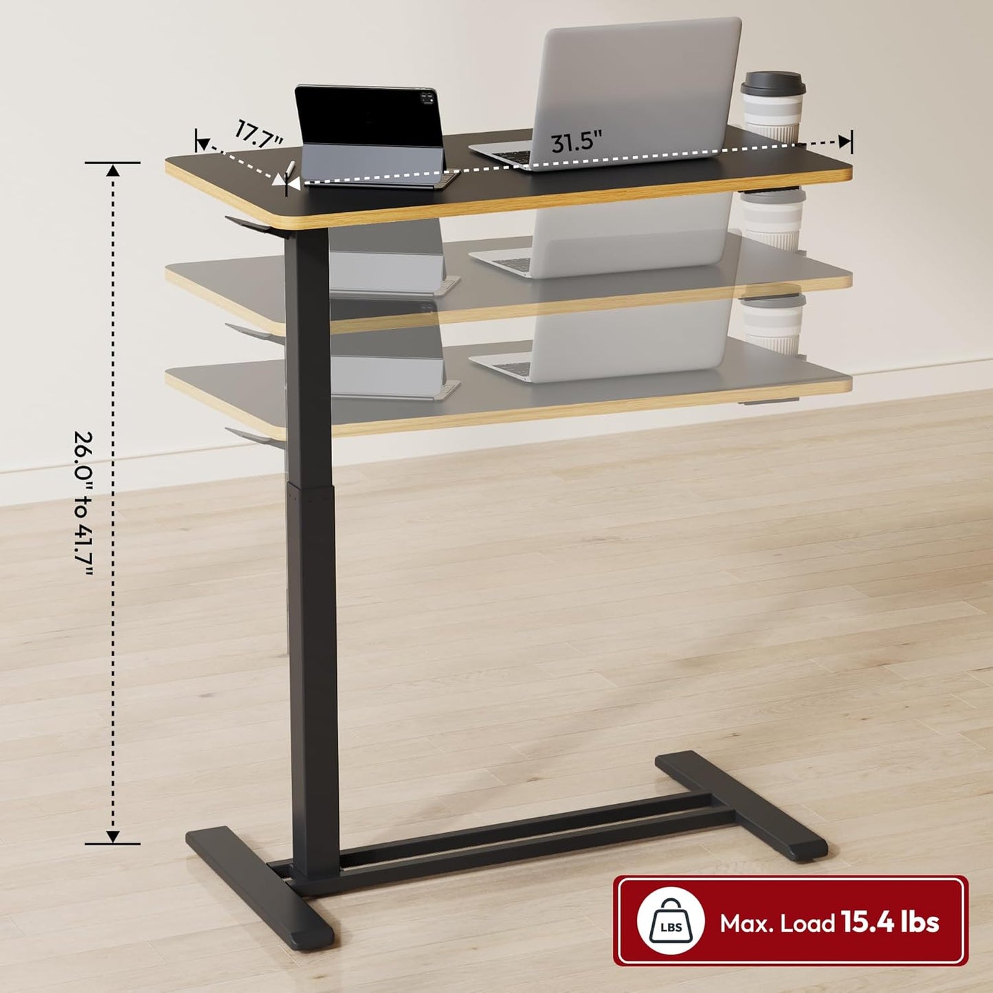 SANODESK Medical Adjustable Overbed Bedside Table with Hidden Casters, Pneumatic Mobile Laptop Computer Standing Desk Cart with Tray, Hospital and Home Use(31.5" W x 17.7" D, Black)
