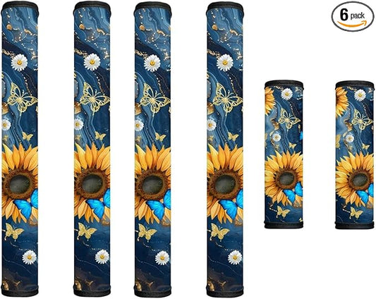 6 PCS Fridge Oven Door Handle Covers Kitchen Electrical Appliance Decor Handles Washable Fabric Indoor Decor Keep Off Stains Dust Fingerprint, Marble Sunflower Butterfly Daisy Dark Blue