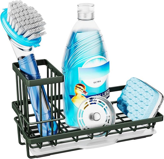Consumest Sponge Holder for Kitchen Sink - Kitchen Sink Caddy Organizer with Removable Drip Tray for Countertop Dish Soap Dispenser Brush Storage Accessories 304 Stainless Steel, Green