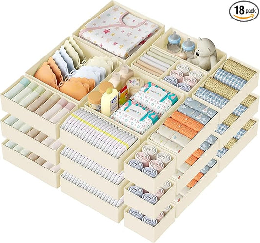 DIMJ Drawer Organizer Clothes Storage - 18 Pack Baby Dresser Organizer for Nursery, Foldable Closet Drawer Organizer Bins for Bedroom Organization, Fabric Storage Dividers for Socks, Underwears, Bras