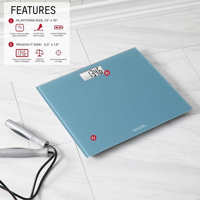 Taylor Digital Extra-Wide Extra High 500lb Capacity Bathroom Scale for Body Weight, Accurate High Precision and Ultra Wide Platform, Digital Weighing Machine for People, Easy-to-Read, Slate Blue