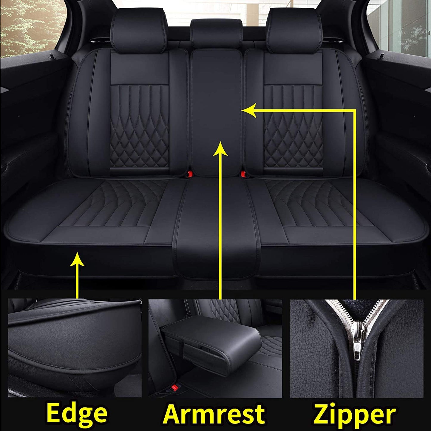 Aierxuan 5pcs Car Seat Covers Full Set with Waterproof Leather, Airbag Compatible Automotive Vehicle Cushion Cover Universal fit for Most Cars (Black)