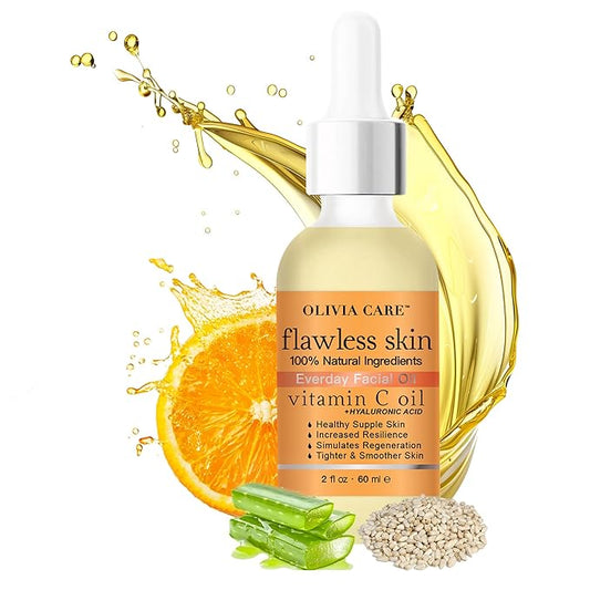 Olivia Care Vitamin C + Hyaluronic Acid Flawless Essential Facial Oil Acid 100% Natural, Reviving, Hydrating, Calming & Soothing. Stabilize & Retain Moisture 2 fl oz (Vitamin C)