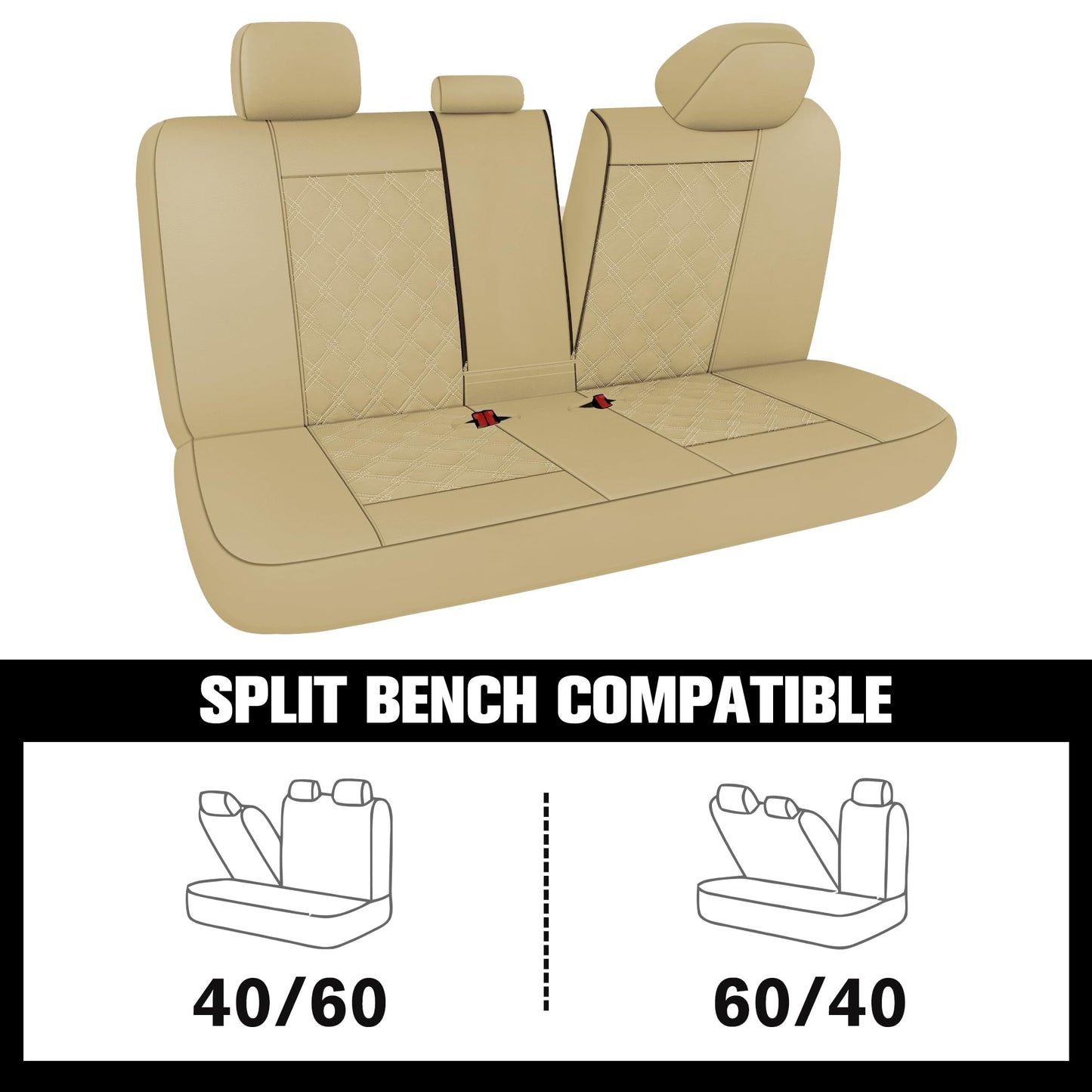 CAROMOP Luxury PU Leather Car Seat Covers Full Set-Waterproof Seat Protectors with Split Bench Seat Covers for Cars-Universal Cars Interior Covers for Sedans, SUVs, Pick-up Trucks(Beige/Beige Line)