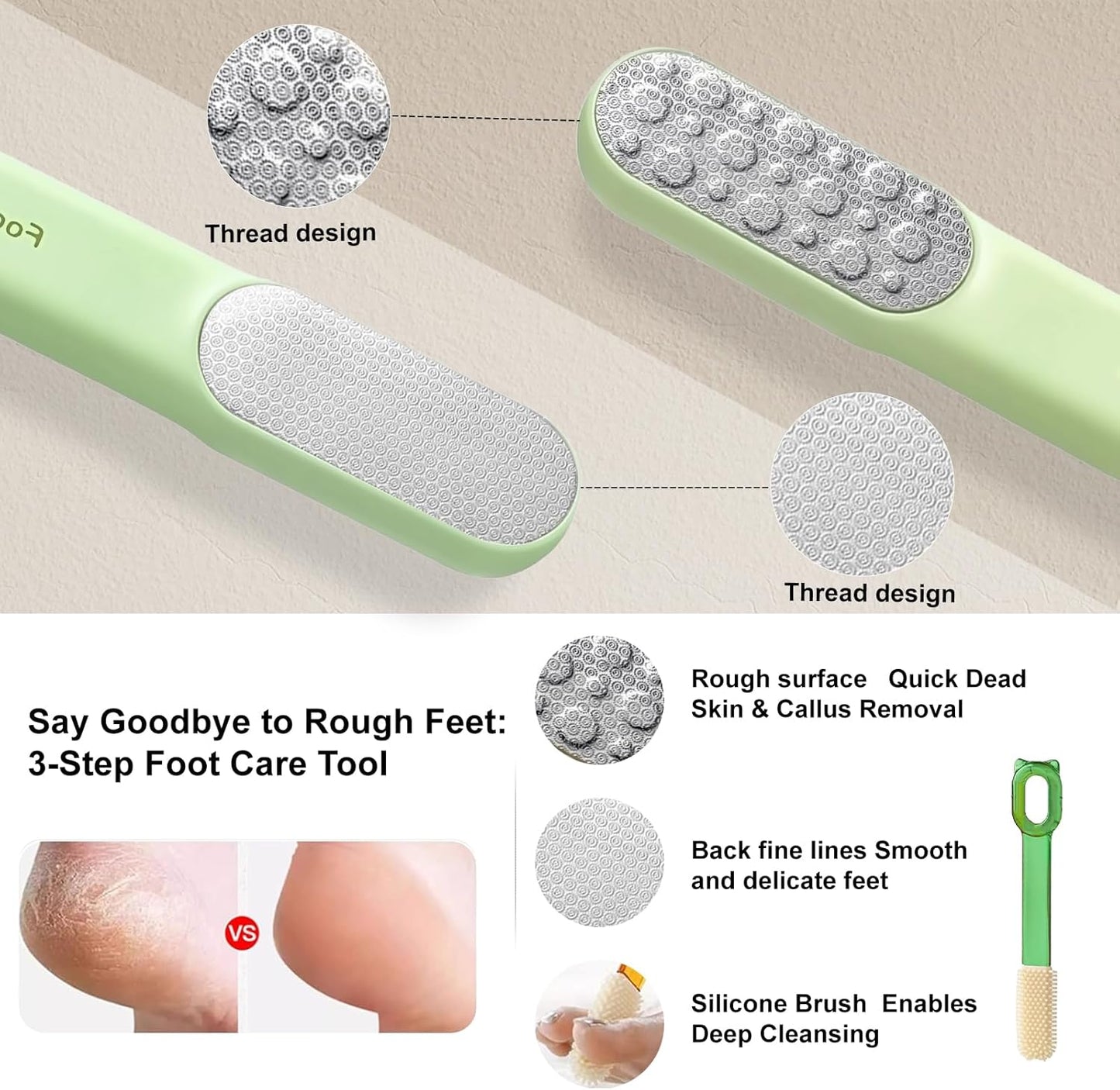Double-Sided Stainless Steel Foot File & Callus Remover, Professional Pedicure Tool for Dry & Wet Feet, Hard Skin & Corn Remover with Threaded Design, Long-Lasting, Green (Ergonomic Grip)