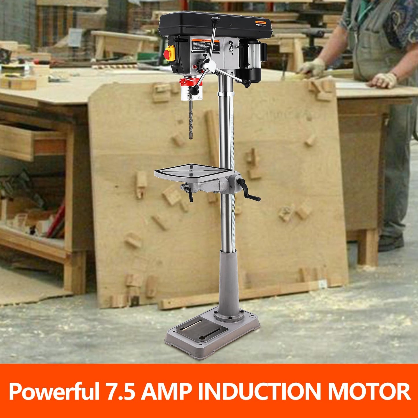 15 in Floor Drill Press, 7.5 Amp 120V Pure Copper Motor, 288-3084 RPM Variable Speed Cast Iron Bench Drill Press, 0-45° Tilting Worktable, Tabletop Drilling Machine for Wood Metal