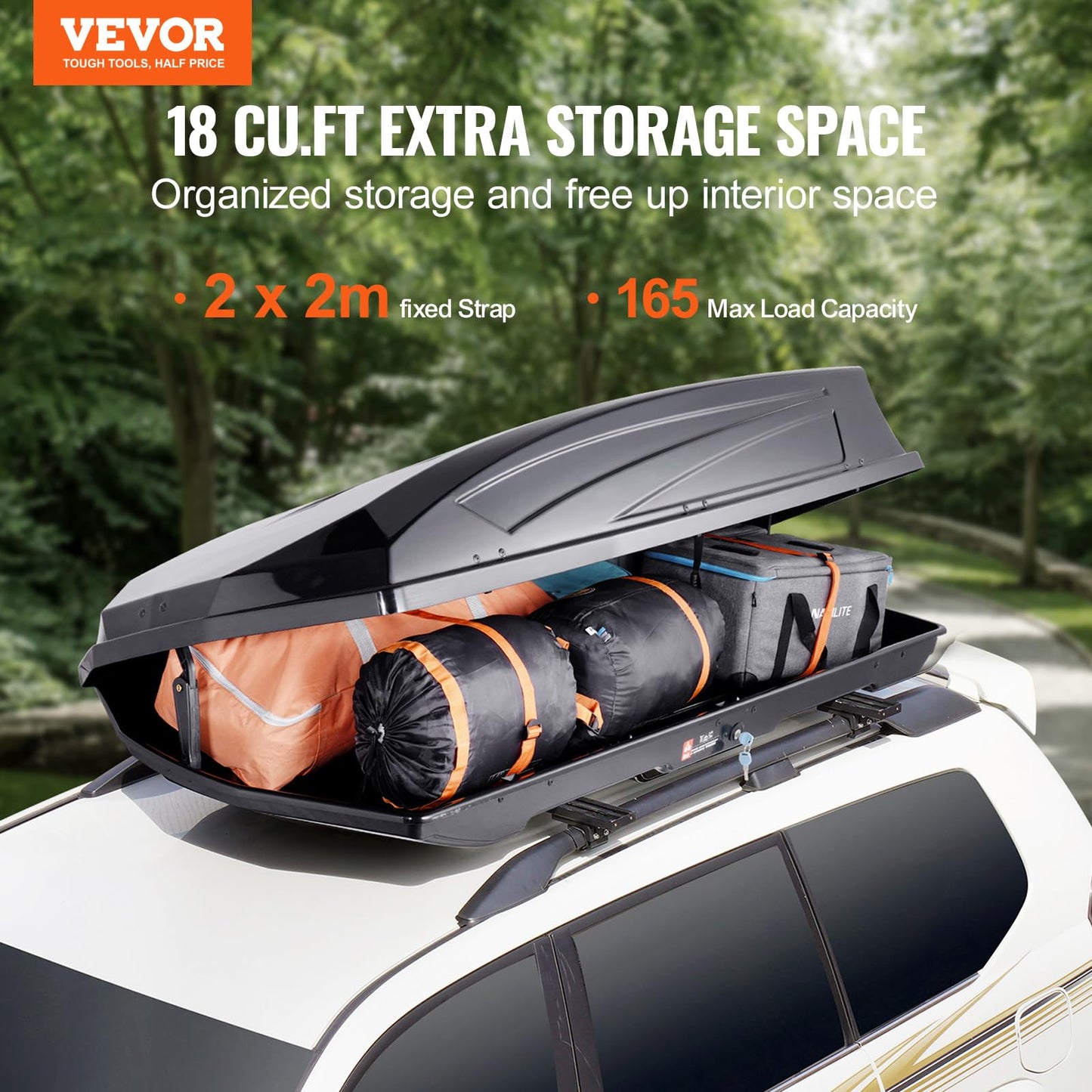VEVOR Rooftop Cargo Carrier, 18 Cubic Feet Roof Cargo Box, ABS Hard Shell Roof Box, with Dual-Sided Opening and 2 Reinforced Straps, Aerodynamic, Suitable for most Crossbar, for Car, Wagon, SUV, Black