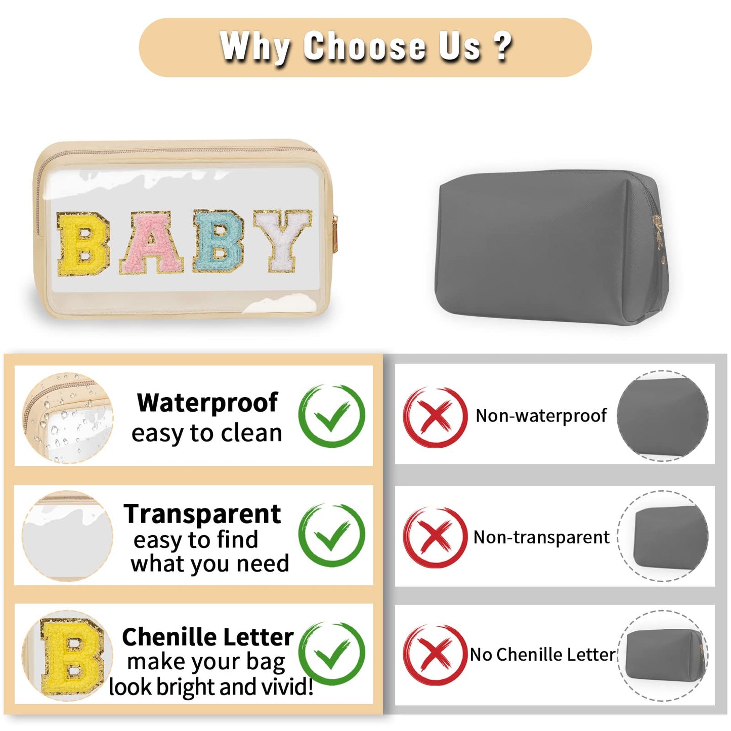 Chenille Letter Clear Makeup Bag with Zipper and Waterproof Nylon