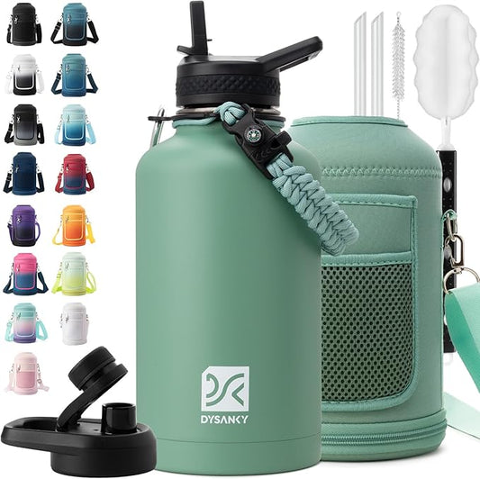DYSANKY Insulated Water Bottle | Thickened Stainless Steel Vacuum Metal | Portable Sports Half Gallon Large Water Jug for Gym and Hiking with Straw, Carrier Bag, Handle Strap | BPA-Free 64 oz