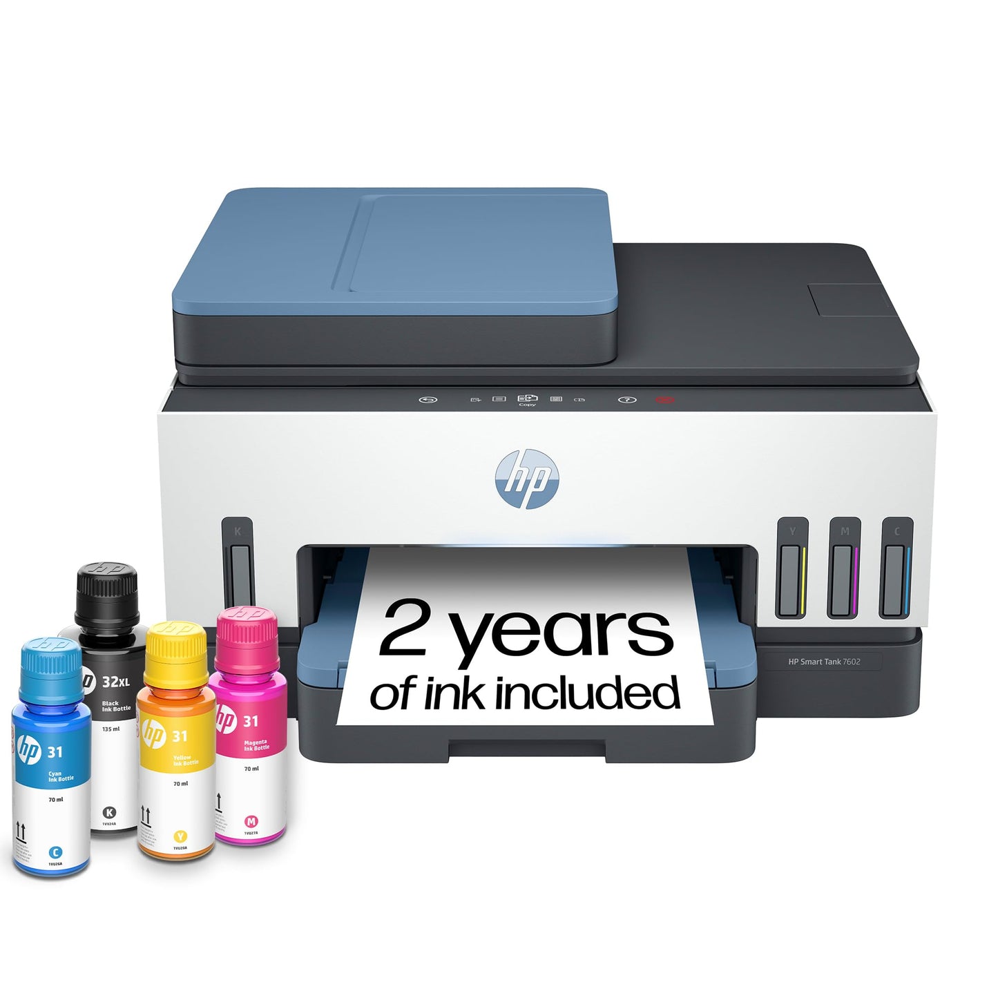 HP Smart Tank 7602 Wireless All-in-One Ink Tank Printer, Scanner, Copier with 2 years of ink included, Best-for-home office, Refillable, AI-enabled (28B98A)