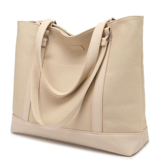 Laptop Bag for Women - Teacher Canvas Tote Bag with Compartments, Work Tote Bag for Travel Office 15.6 Inch