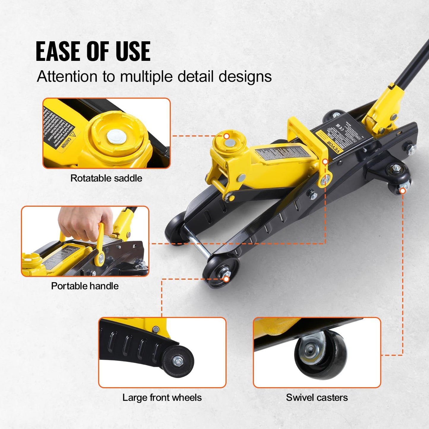 VEVOR Low Profile Floor Jack 2 Ton (4400 lbs), Heavy Duty Iron Hydraulic Racing Floor Jack, Hydraulic Car Jack with Jack Stands, Single Piston Quick Lift Pump, 4.6"-12.8" Height Lifting Range (Yellow)