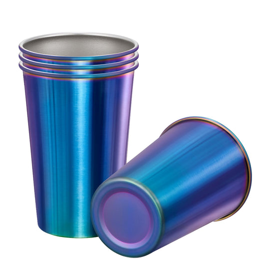 MEWAY 4 Pack 16oz Stainless Steel Pint Cup,Healthy Unbreakable and Stackable,Metal Drinking Glasses，Beer Glasses（Rainbow）