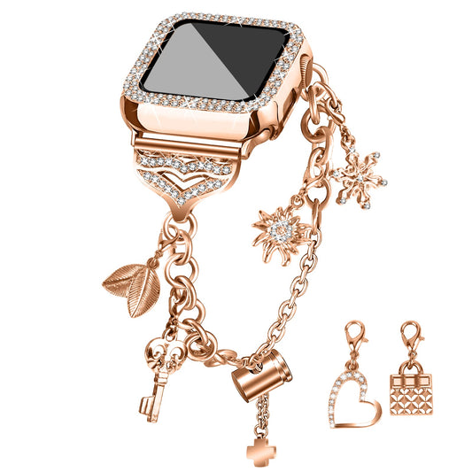 JOYOZY Band Compatible with Apple Watch 38mm 40mm 41mm 42mm 44mm 45mm 46mm, Bling Strap with Glitter Case Built-in Screen Protector, Interchangeable Charms Dressy Bracelet for Women (Rose Gold 38mm)