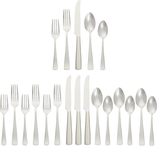 Amazon Basics 20-Piece Stainless Steel Flatware Set with Square Edge, Dishwasher Safe, Simple Design, Service for 4, Silver
