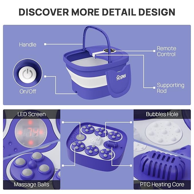 HOSPAN Collapsible Foot Spa Electric Rotary Massage, Foot Bath with Heat, Bubble, Remote, and 24 Motorized Shiatsu Massage Balls. Pedicure Foot Spa for Feet Stress Relief - FS02A