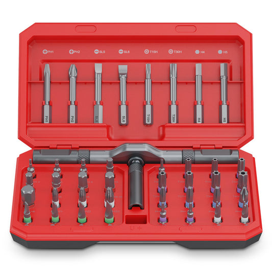 Bomivoi 42 in 1 Magnetic Screwdriver Set, DIY Ratchet Screwdriver Set, Multi Bit Magnetic Drive Set with Detachable Ratchet Handle, Portable Compact Repair Tool Kit for Furniture Computer Bicycle Red