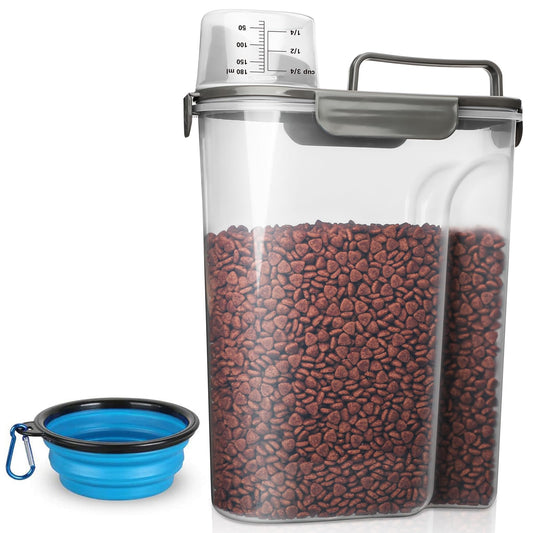TIOVERY Dog Food Storage Container, 5-7 Lbs Airtight Pet Food Container, Cat Food Container Dispenser Plastic Bin with Pouring Spout, Portable Handle and a Collapsible bowl for Dogs Cats Grey/6Qt