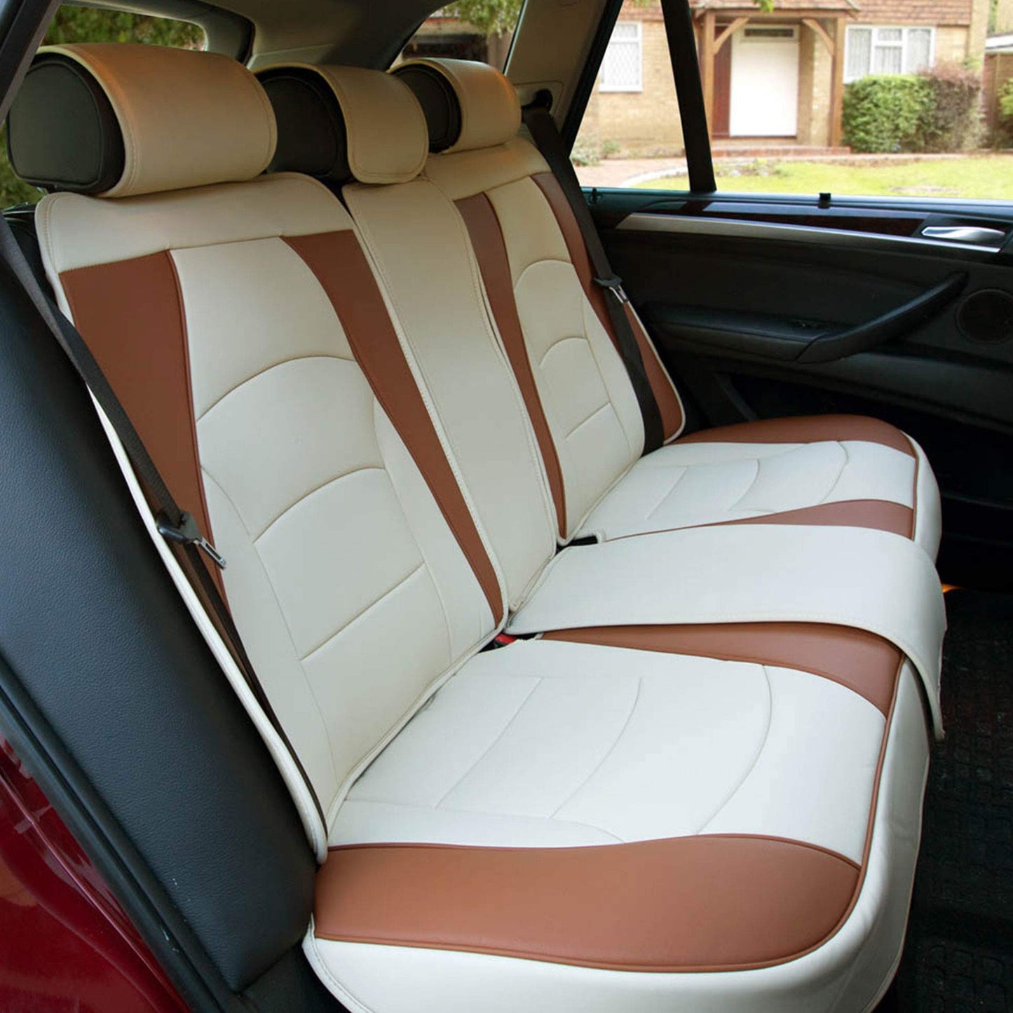 FH Group Ultra Comfort Highest Grade Faux Leather Full Set Cushion Pads Car Seat Covers for Front and Rear– Universal Fit for Cars Trucks & SUVs (Beige/Tan)