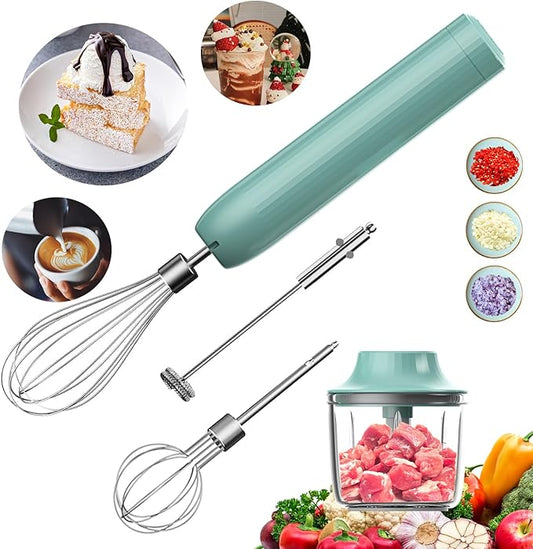 4-in-1 Handheld Frother, Coffee Frother Handheld, Electric Whisk, Milk Frother Wand for Coffee, Matcha, Electric Hand Mixer, Mini Onion Chopper 10Oz, Small Cordless Hand Blender, 4 Speed
