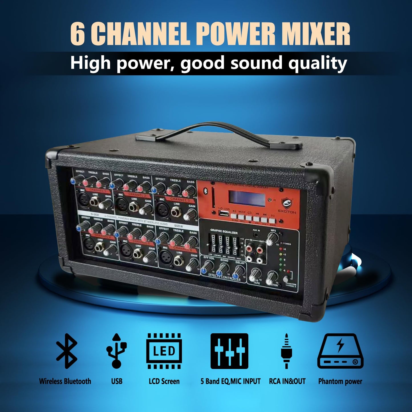EXOTON EXOTON S-1202 12inch 2000W Bluetooth PA System with Powered Mixer Set, Passive Speakers with 6 Channel Mixer/Stands/Mic/Effect Controller/ 48V Phantom Power,for Indoor&Outdoor