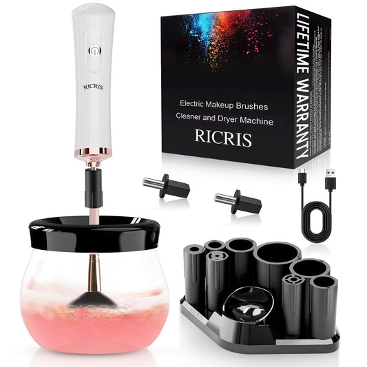 RICRIS Premium Makeup Brush Cleaner Dryer Super-Fast Electric Brush Cleaner Machine Automatic Brush Cleaner Spinner Makeup Brush Tools (White)