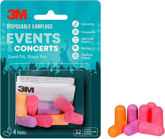 3M Disposable Earplugs Events & Concerts, 4 Pairs (8 Total Plugs), Noise Reduction Rating (NRR) 32 dB, Good Fit, Stays Put, Soft & Smooth Ear Plug Design, Easy To Insert & Remove (EPEC-4BC-SIOC)