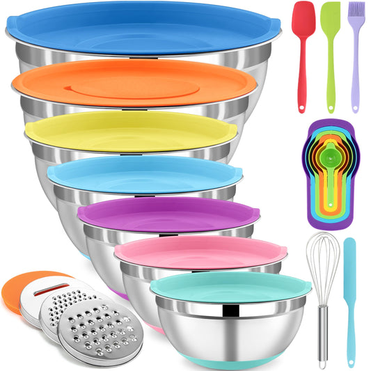 Sentk Mixing Bowls with Lids Set, 21 PCS Stainless Steel Mixing Bowls with 3 Grater Attachments, Food Storage Nesting Mixing Bowl with Non-Slip Bottoms, Mixing Bowl Set Great for Mixing & Serving