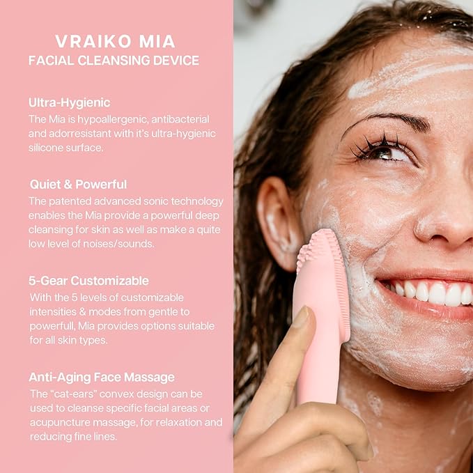 MIA Facial Cleansing Brush, Waterproof Rechargeable Face Cleansing Brush, with Soft Silicone and Adjustable Sonic Vibration, for Deep Cleansing Gentle Exfoliating and Massaging (Pink)