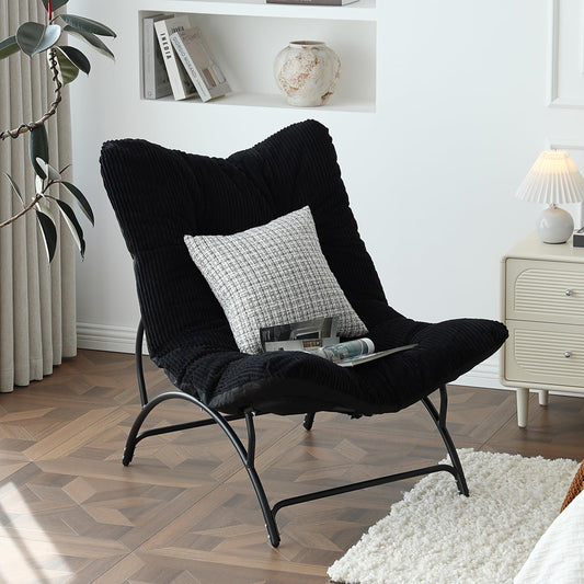 Welnow Accent Lounge Lazy Chair, Comfy Soft Leisure Metal Frame Reading Chair, Upholstered Thick Cushion Seated Recliner Sofa for Living Room, Bedroom, Dorm, Black