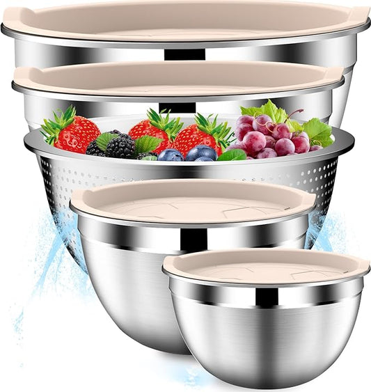 DUTZUN Stainles Steel Mixing Bowls with Lids Set, Stackable Metal Mixing & Serving Bowl with Strainer, 5-Piece - Beige
