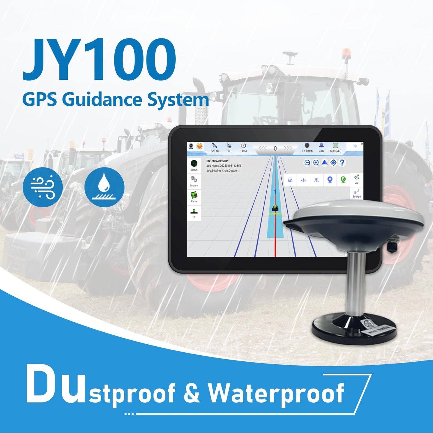 Tractor Guidance System with Precision AG Software, Android10 Tablet, 4-inch High Accuracy by PPP, 1-inch by CORS, A-B line Guidance Compatible with Any Tractor CAT. John-Deere...JY100 New