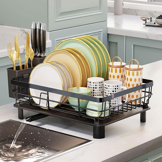 AIDERLY Iron Dish Drying Rack with Drainboard Dish Drainers for Kitchen Counter Extendable Spout Strainers with Utensil Holder and Knife Slots, Black