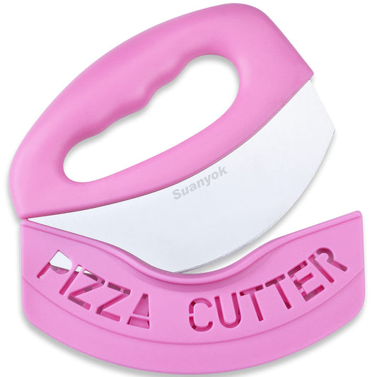 Suanyok Premium Pizza Cutter Food Chopper-Super Sharp Blade Stainless Steel Pizza Cutter Rocker Slicer with Protective Sheath Multi Function Pizza Knife Kitchen Tools,Dishwasher Safe (Pink)