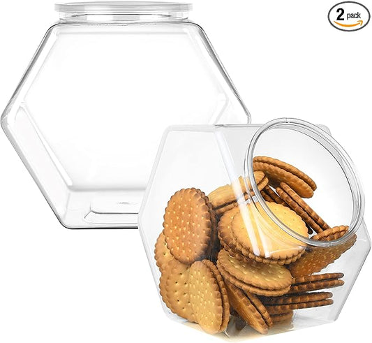 DilaBee 2-Pack Plastic Cookie Jar - 1 Gallon Hexagon Candy Jars with Lids for Candy Buffet, Kitchen & Office - Clear Jars with Lids for Cookies, Candies & Dry Food - Plastic Jar with Labels - BPA-Free