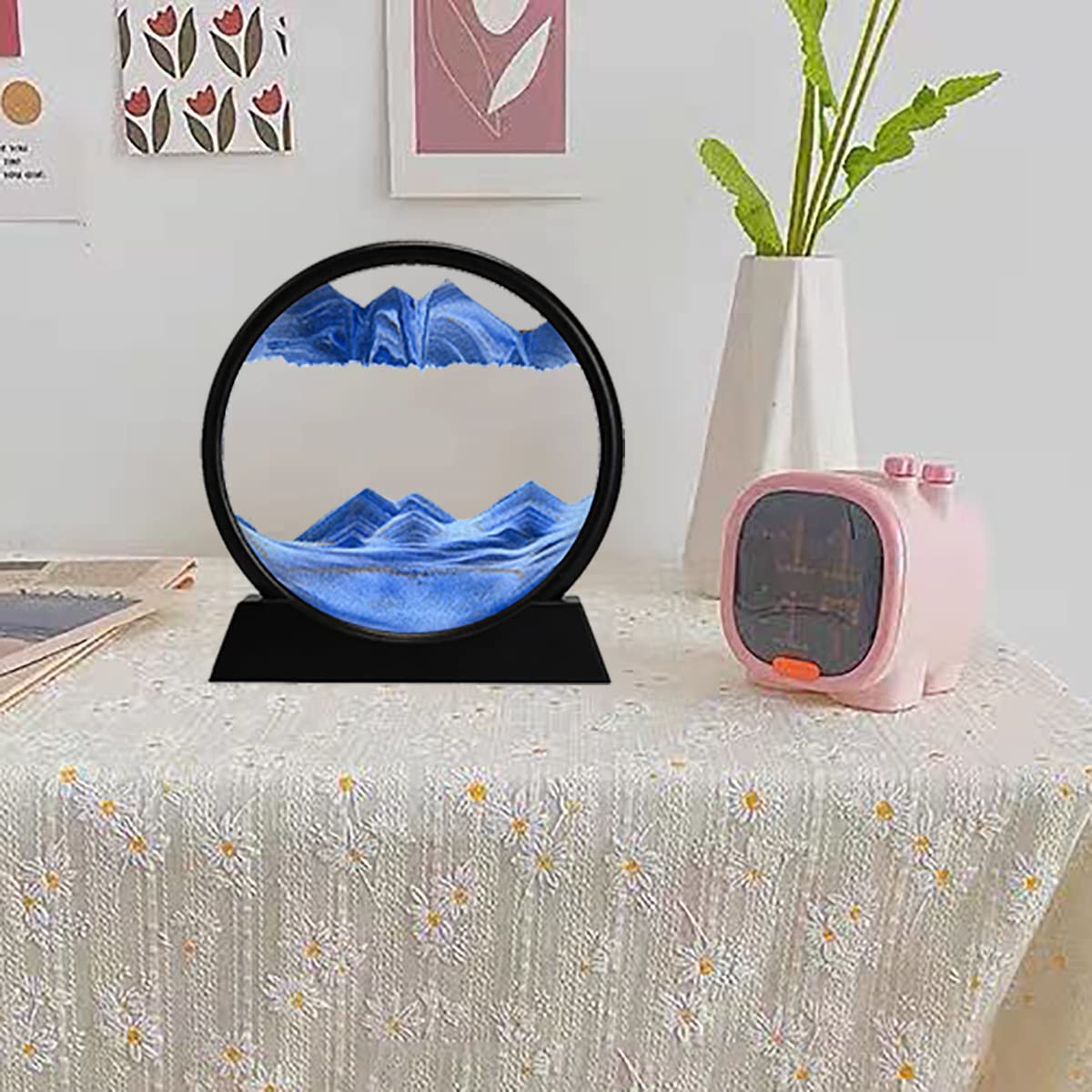 rysnwsu 3D Dynamic Sand Art Liquid Motion, Moving Sand Art Picture Round Glass 3D Deep Sea Sandscape in Motion Display Flowing Sand Painting Relaxing Desk Toys (Blue, 12'')