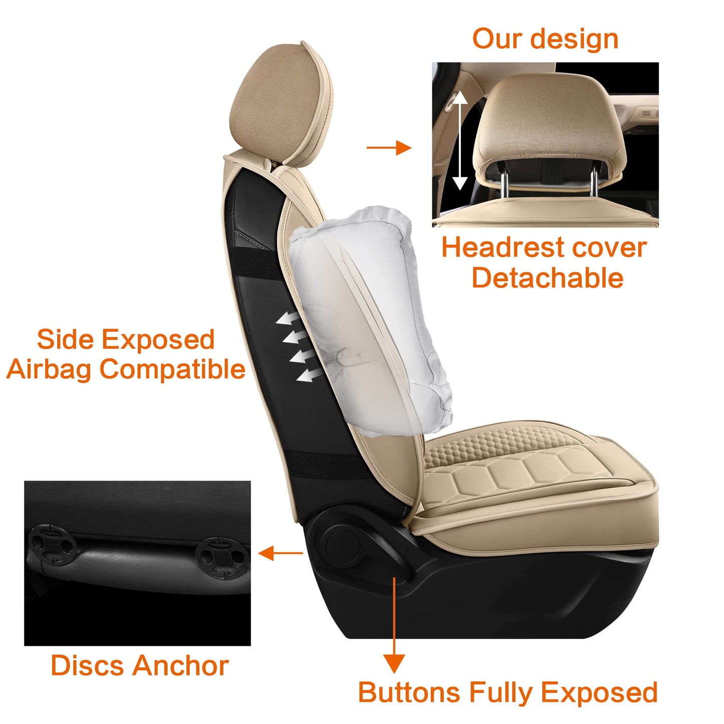 HAIYAOTIMES Leather Car Seat Covers Full Set, Waterproof Faux Leather Seat Covers for Cars, Non-Slip Car Interior Covers Universal Fit for Most Cars Sedans Trucks SUVs, Beige