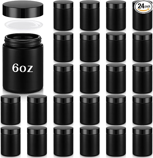 Domensi 24 Pcs Bulk 6oz Glass Jars with Lids Leakproof Round Airtight Empty Cosmetic Jars with Inner Liners Lid for Storing Lotions Spices Ointments Food Storage (Frosted Black)