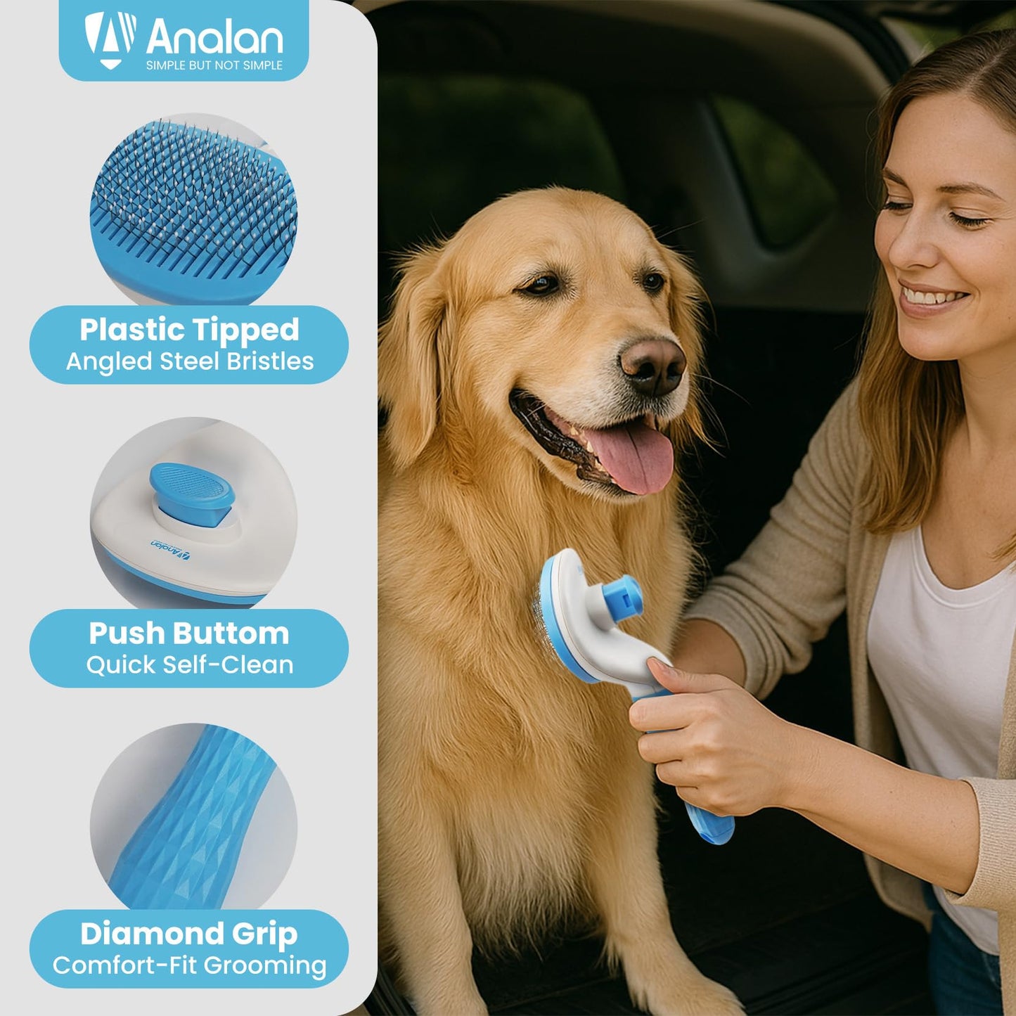 3 in 1 Analan Cat Brush Pet Hair Remover for Dog & Cat, Self-Cleaning Slicker Brush for Pet Grooming, Perfect Pet Hair Removal Tool for Furniture Carpets Couches and Bedding (Sky Blue)