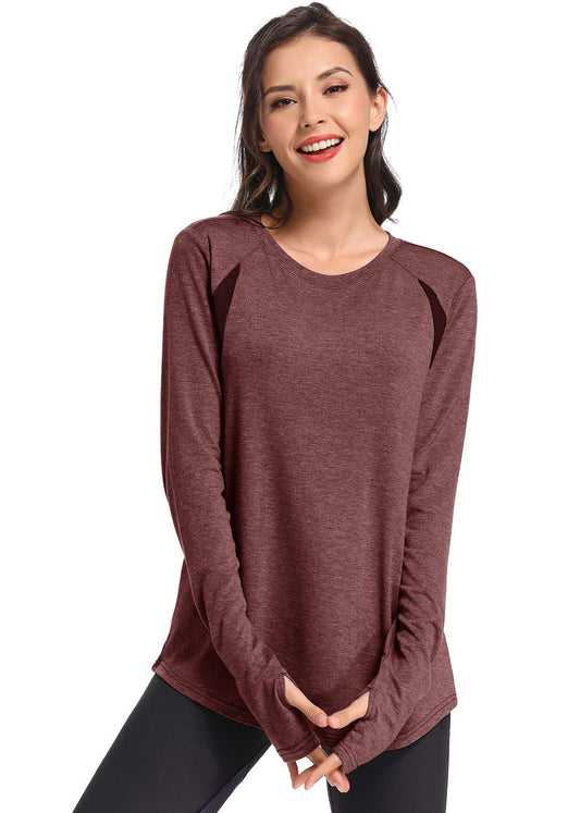 Muzniuer Womens Long Sleeve Workout Shirts-Plain Long Sleeve Tshirt for Women Yoga Sports T-Shirt Long Sleeve Breathable Shirts Activewear with Thumb Hole Burgundy S