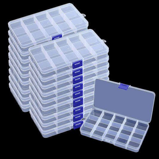 KINJOEK 20 Pack 15 Grids Plastic Bead Organizer Containers Storage, Adjustable Dividers Earring Diamond Jewelry Bead Painting Storage Case, Clear Small Fishing Tackle Box for Cross Stitch Accessories