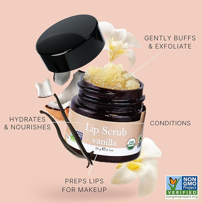 USDA Organic Lip Scrub - USA Made with Natural Ingredients, Lip Exfoliator, Moisturizing Lip Exfoliator Scrub for Dry Lips, Lip Scrubber Exfoliator & Sugar Scrub for Smooth Lips