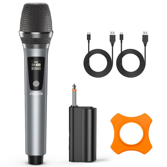 JYX Wireless Microphone, Rechargeable UHF Metal Handheld Cordless Dynamic Micprophone System with Receiver, Suitable for Home Karaoke, Speech, Church, Wedding, Speaker, Party (160 ft Range)