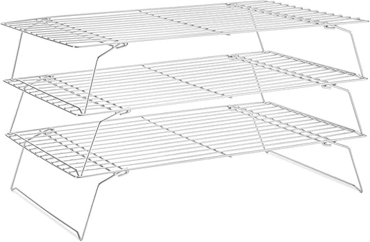 Cooling Rack for Baking 3 Tiers, 16" x 10" Cookie Cooling Wire Rack Stackable Collapsible Nonstick, Stainless Steel Baking Cooking Cooling Racks with Optimum Air Flow, Silver