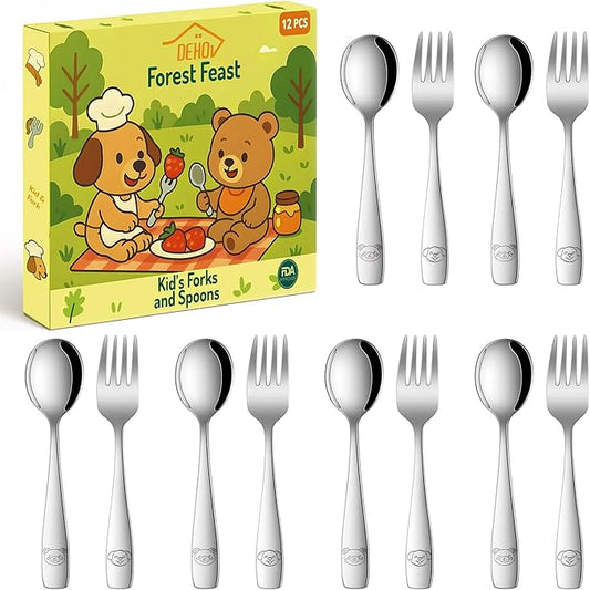 DEHOV Toddler Eating Utensils Set,Set Of 12 Food Grade Stainless Steel Silverware Sets For Kids,Dishwasher Safe Children Small Metal Spoons And Forks Flatware Sets
